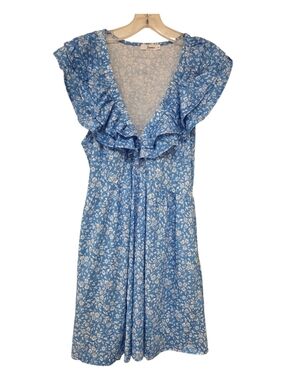 Loemes Blue Floral Ruffle V-Neck Sundress Dress, Large